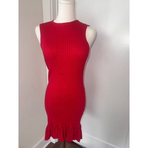 Dresses & Skirts - Women Red Sleeveless Ribbed Bodycon Midi Dress Ruffle Hem